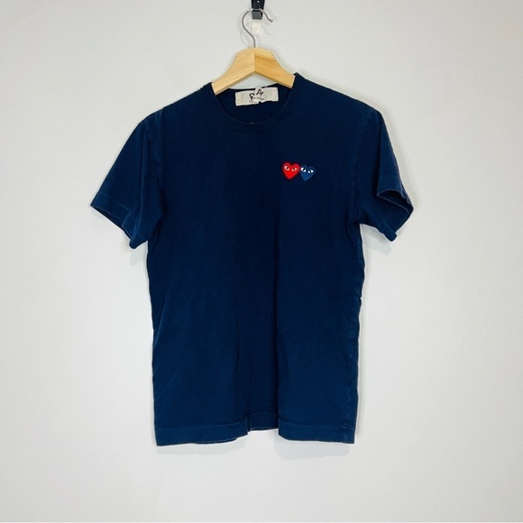 Comme De Garçons Play Navy Double Hearts T-Shirt Medium - Picture 2 of 5